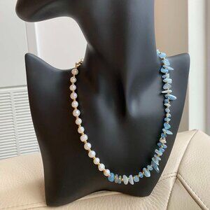 Coastal Serenity: Genuine Aquamarine & genuine Pearl Necklace